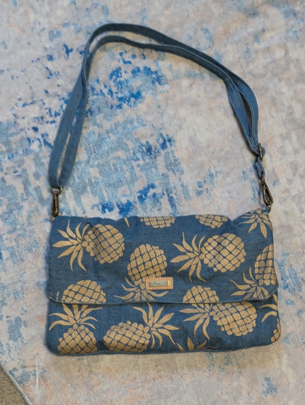 Caribbean Joe Supply Co. Pineapple Print Canvas Crossbody Bag - Blue New